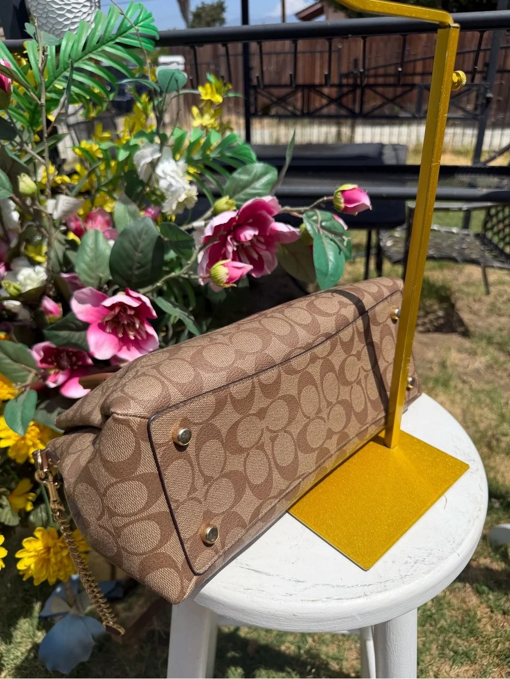 Coach Brown Signature Dome Satchel with Chain-Strap